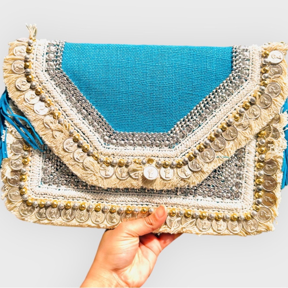 Bohemian Envelope Wristlets Banjara Clutch Blue Color With tassels
